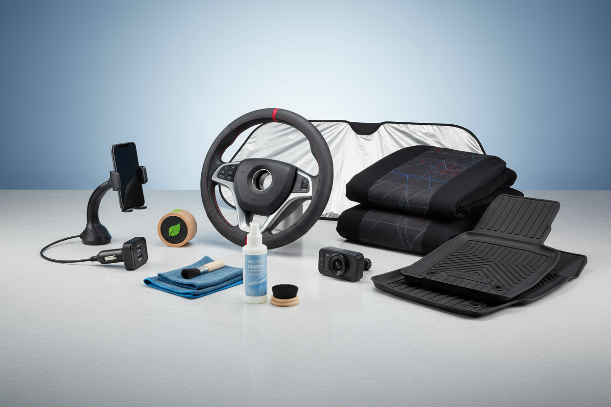 generate a image related to car accessoris showing different car accessories.
Image height should be  600 pixel.