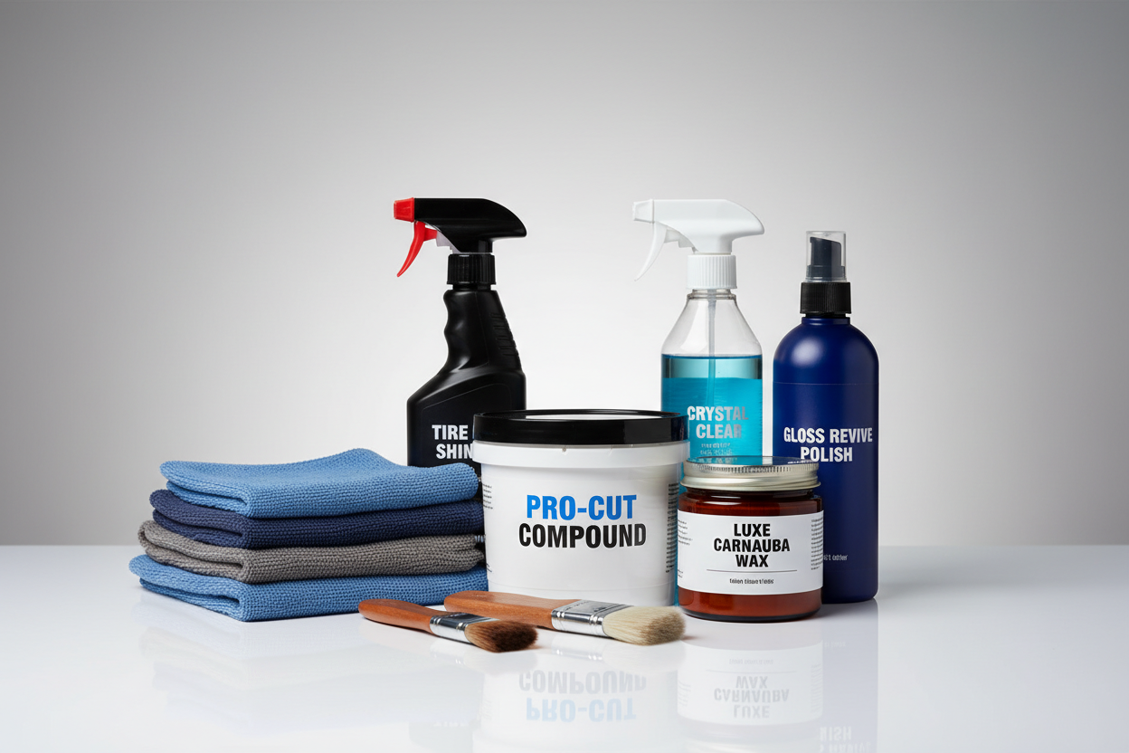 generate a image related to car care showing different car care products like Compound
wax etc.
Image height should be  480 pixel.