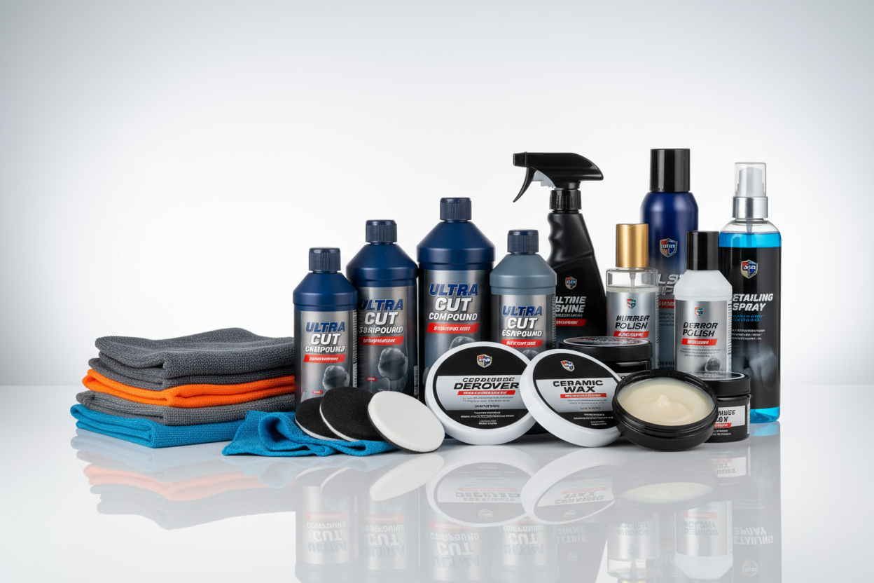 generate a image related to car care showing different car care products like Compound
wax etc.
Image height should be  600 pixel.