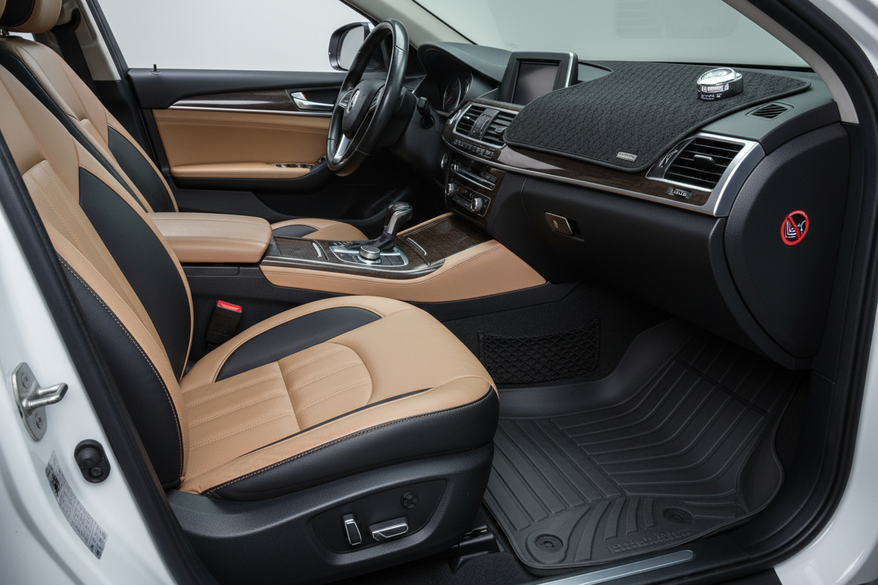 Generate an image related to car interior showing Seat Covers
Floor matts
Dashboard Matt
Image height should be 480px recommended

