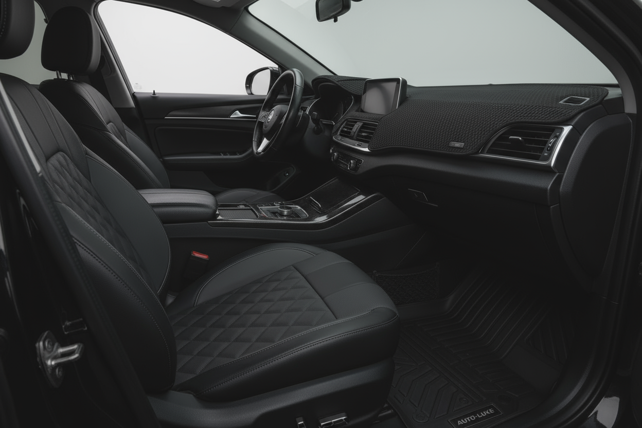 generate an image related to showing car interior showing Seat Covers
Floor matts
Dashboard Matt
Image height should be 600 pixel.